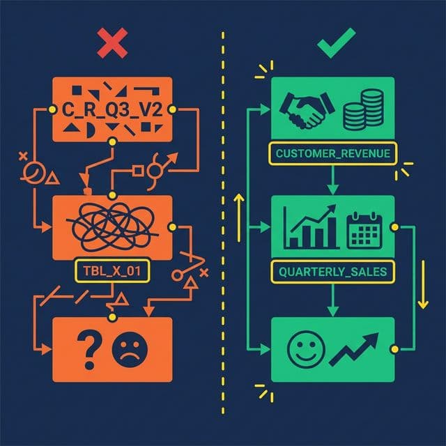 Bad vs. good naming conventions — cryptic abbreviations vs. clear business names